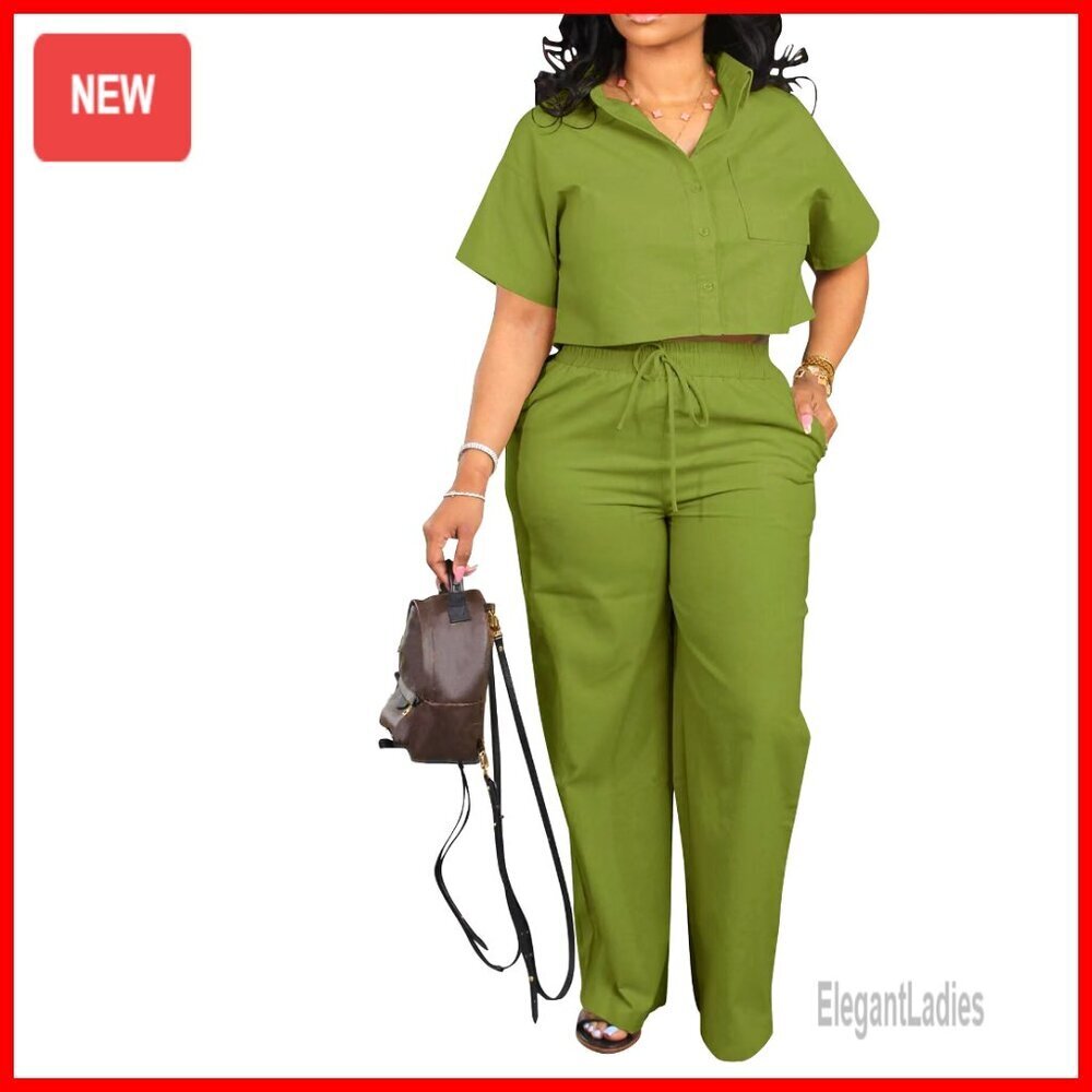 Linen 2-Piece Set Crop Top Wide Leg Pants Work Lounge Summer